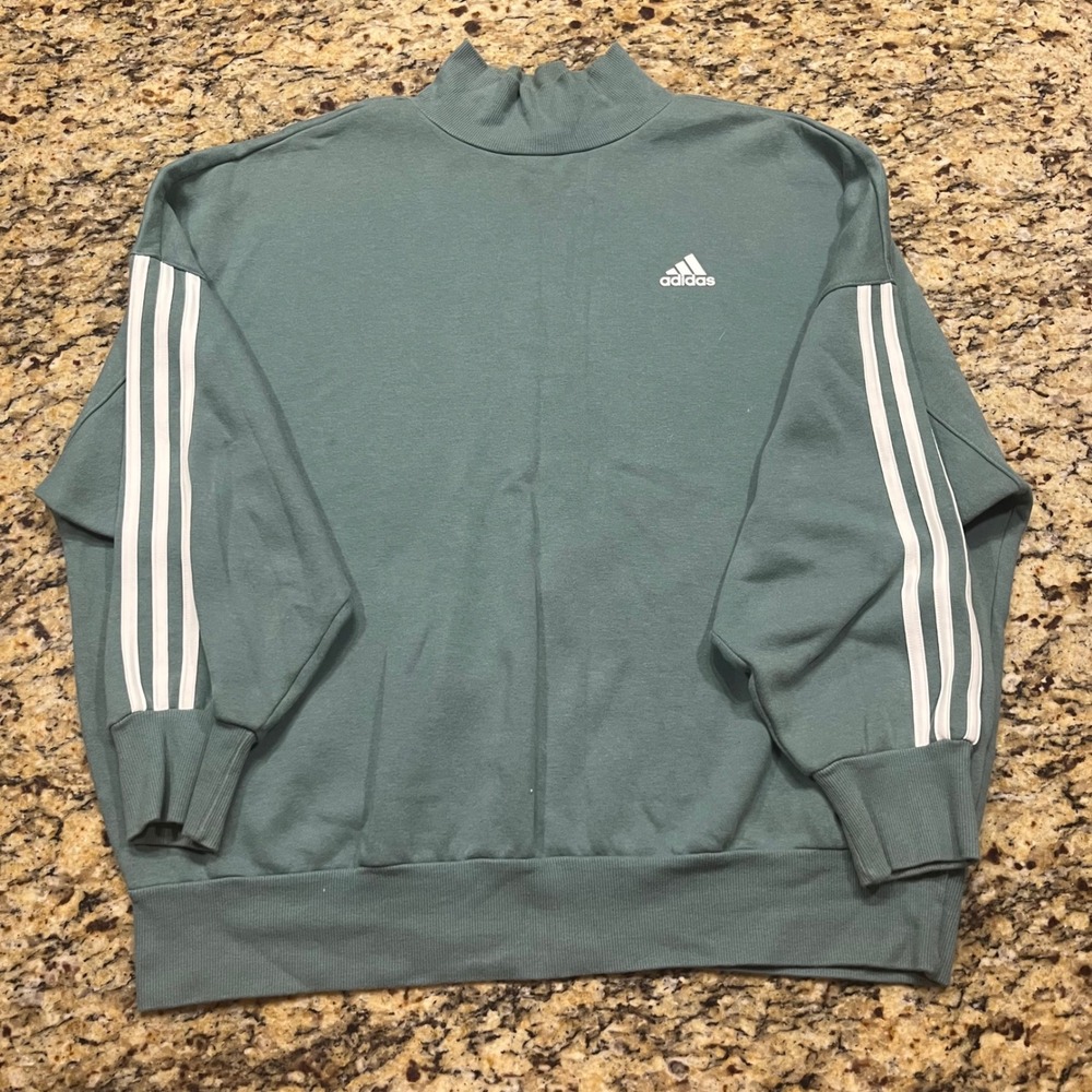 Adidas Womens Mock Neck Sweatshirt Green Three Stripe‎ Pullover Oversized Medium
